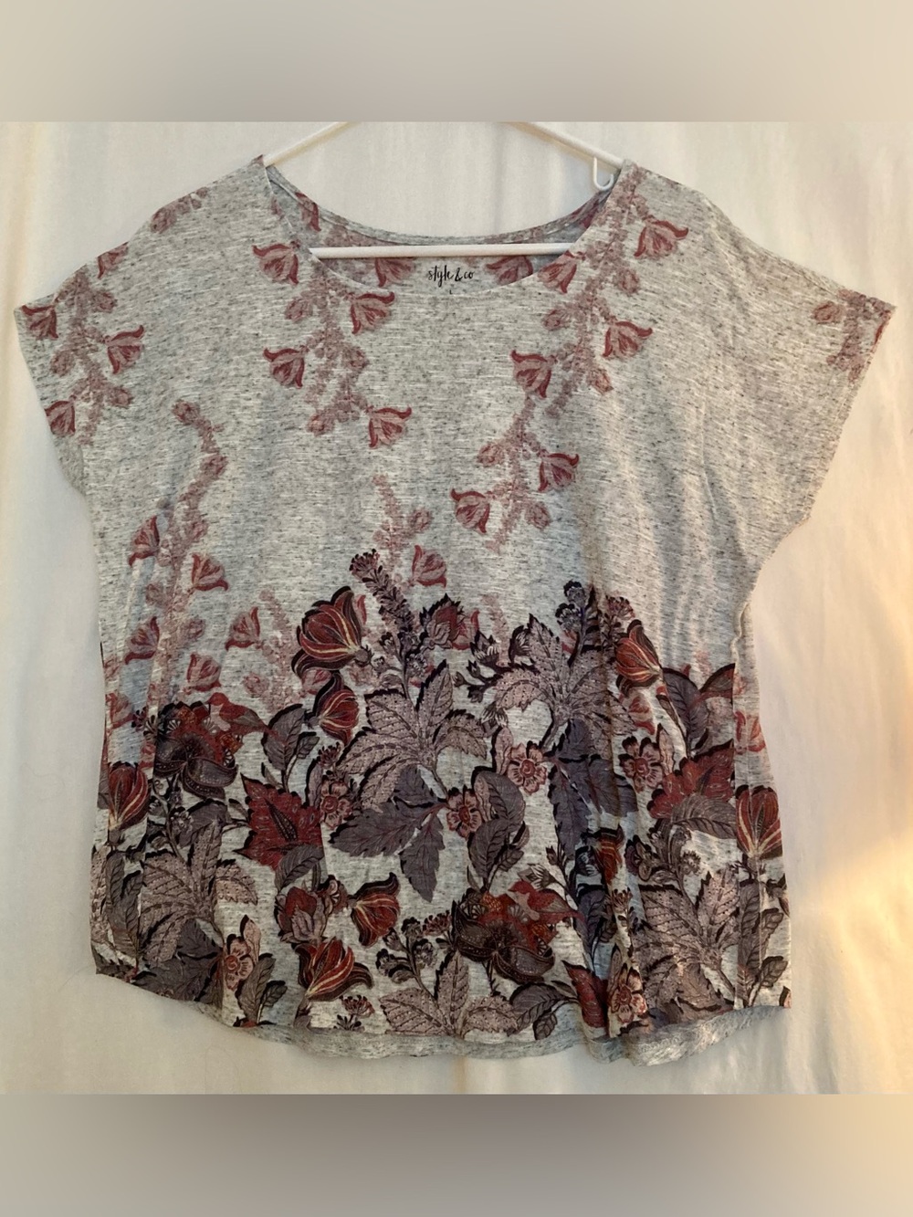 Style & Co. Heather Gray/Brown Floral Short-Sleeve Top Size L